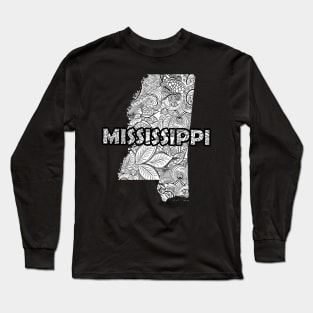 Mandala art map of Mississippi with text in white Long Sleeve T-Shirt